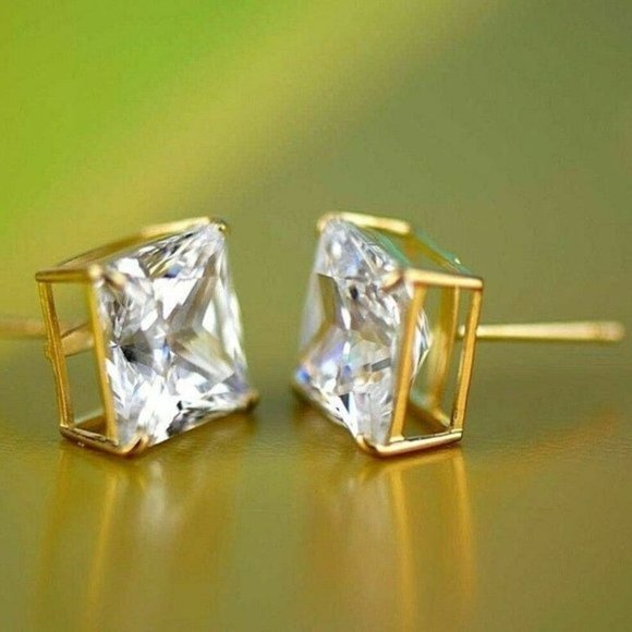 14k Yellow Gold Heavy Basket Princess Cut White Cubic Zirconia Stud Earrings 9mm - Picture 4 of 10